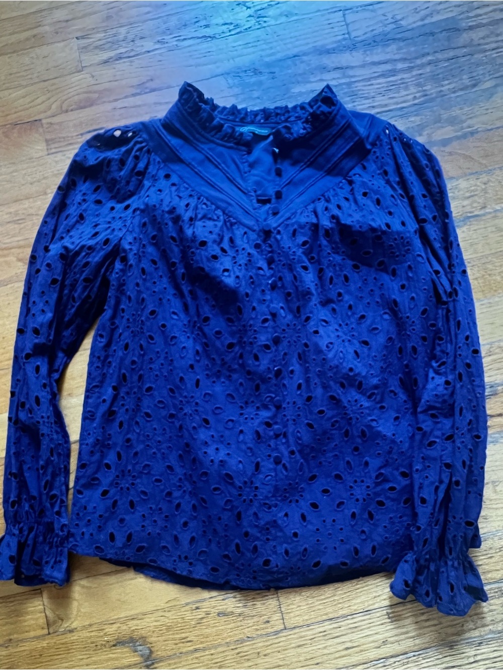 Women's Eyelet Long-Sleeve Blouse in Navy